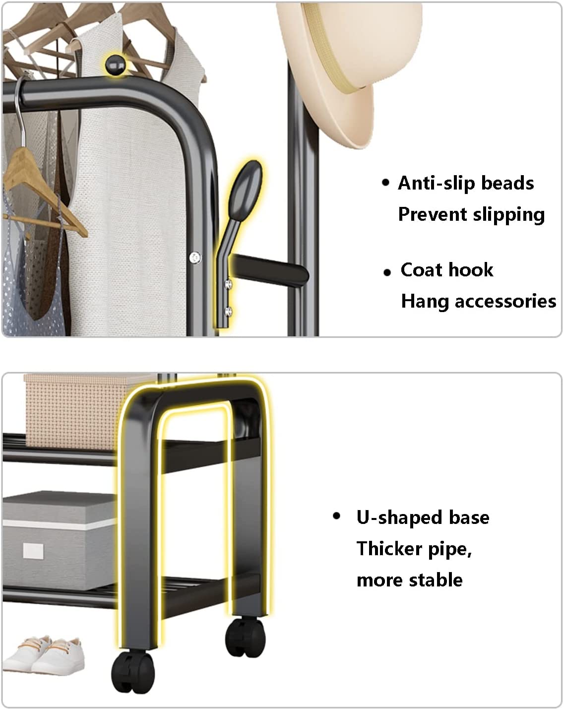 Clothes Rack With Shoe Shelf, Coat Display Stand With 4 Wheels For Bedroom (Color: Black)