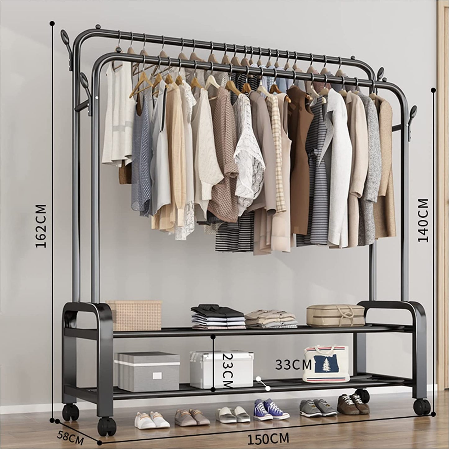 Clothes Rack With Shoe Shelf, Coat Display Stand With 4 Wheels For Bedroom (Color: Black)
