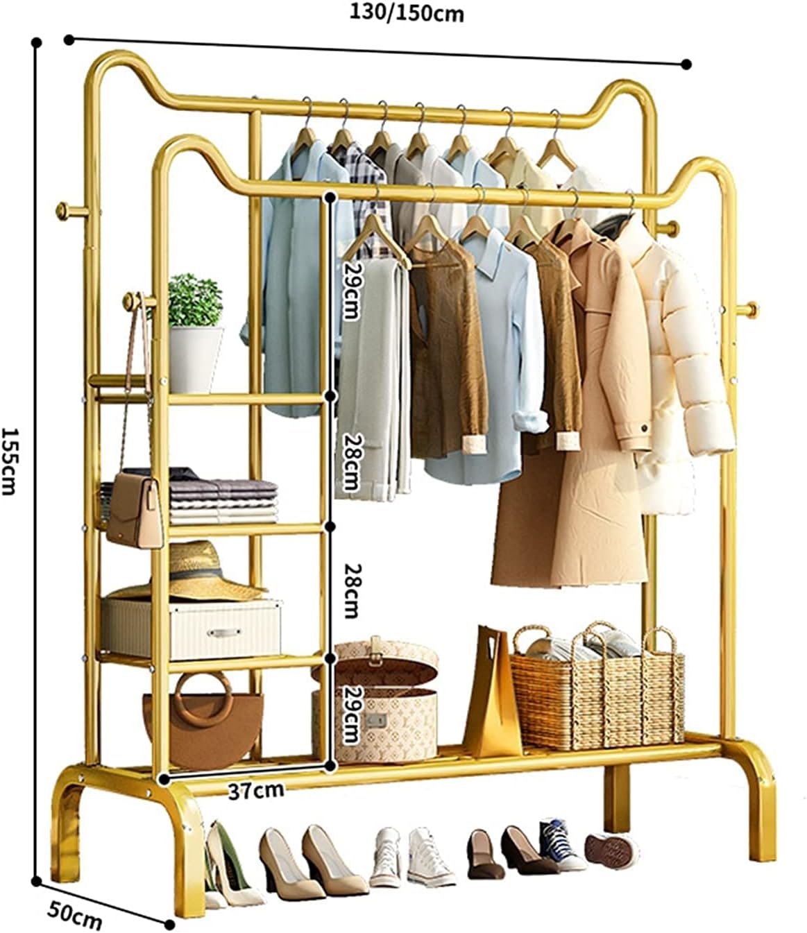 Double Pole Clothing Rack Freestanding Coat Hanger, Clothes Hanging Rails with Lower Storage Shelf