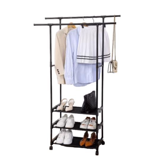 Double Pole Shoe & Cloth Rack With Bottom 3 Layer Storage, Multifunction Cloth Rack