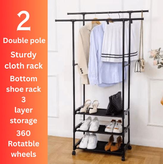 Double Pole Shoe & Cloth Rack With Bottom 3 Layer Storage, Multifunction Cloth Rack