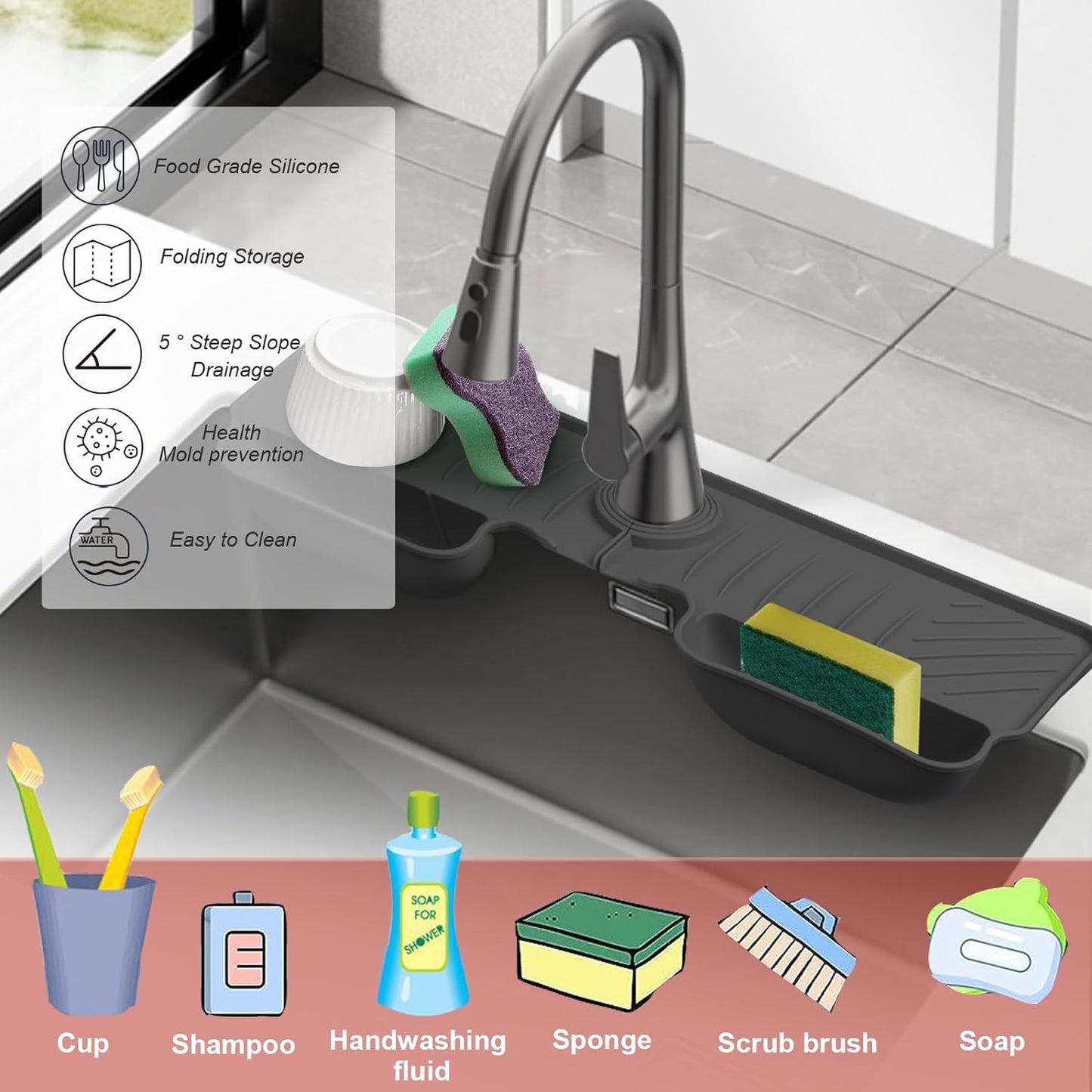 Silicone Faucet Splash Guard Mat - Faucet Water Catcher Mat, Silicone Sink Mat, Tray Drying Mat