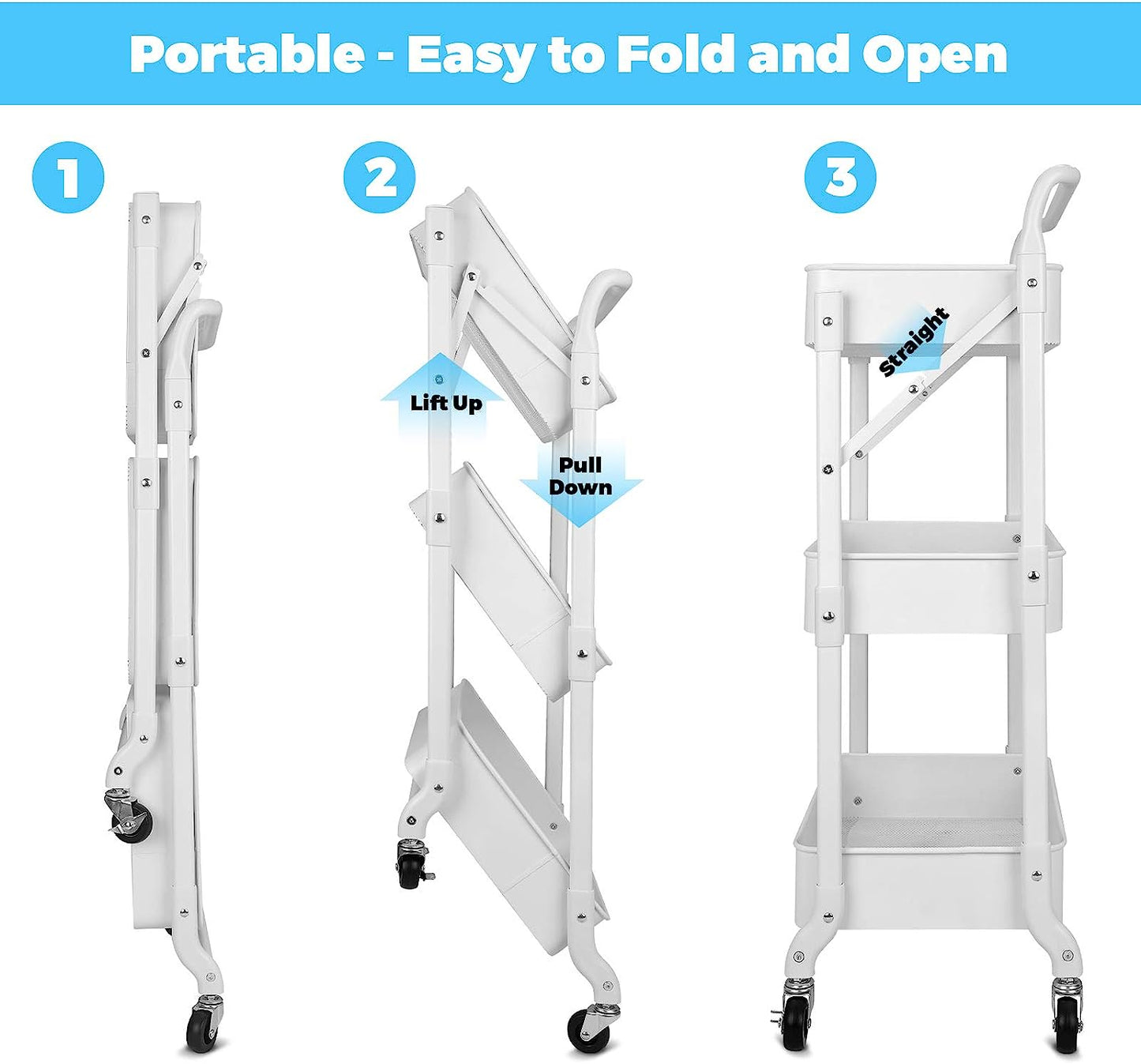 Foldable 3 Tier Metal Utility Rolling Cart, Folding Mobile Multi-Function Storage Trolley Organizer Cart (White)