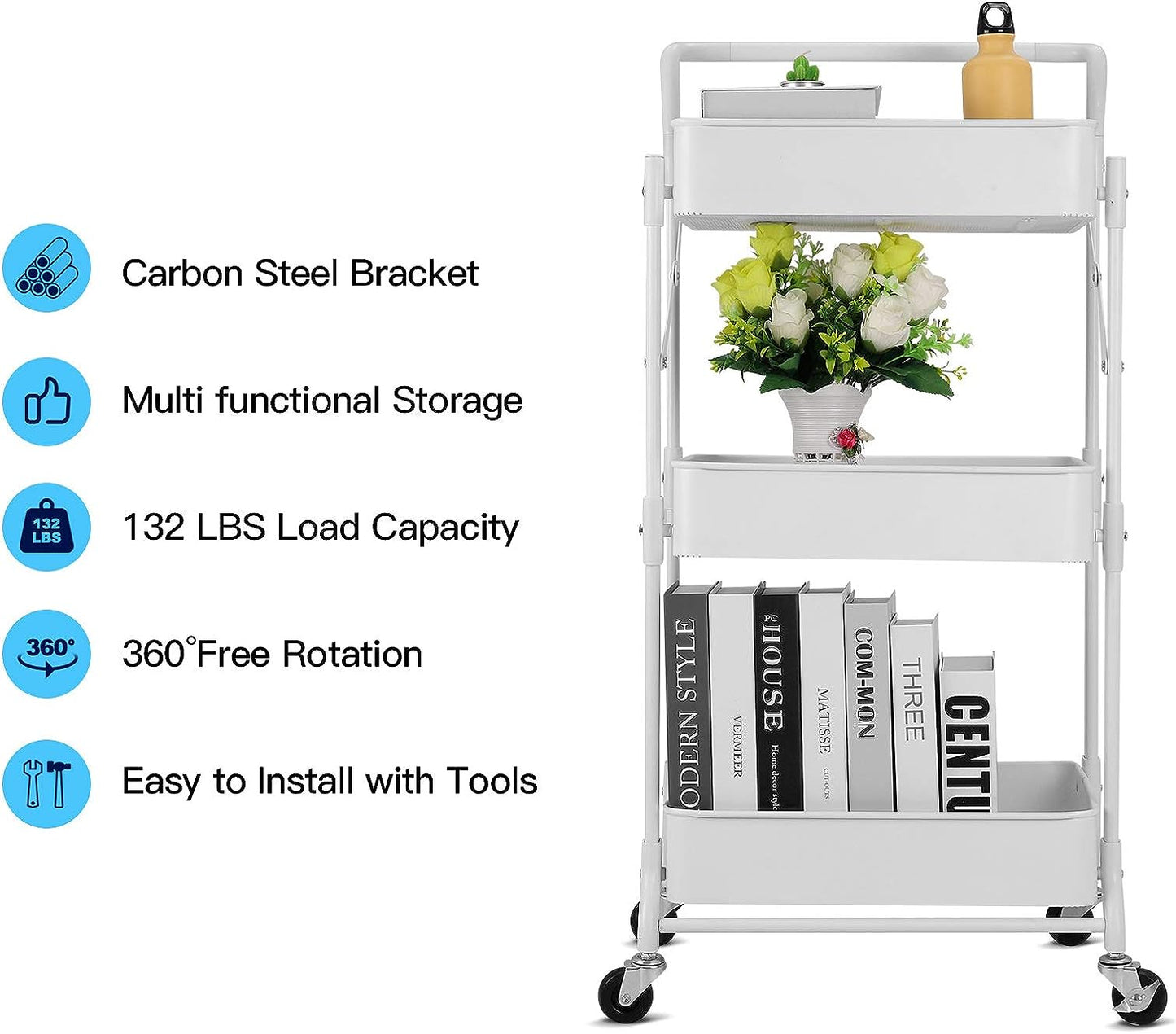 Foldable 3 Tier Metal Utility Rolling Cart, Folding Mobile Multi-Function Storage Trolley Organizer Cart (White)
