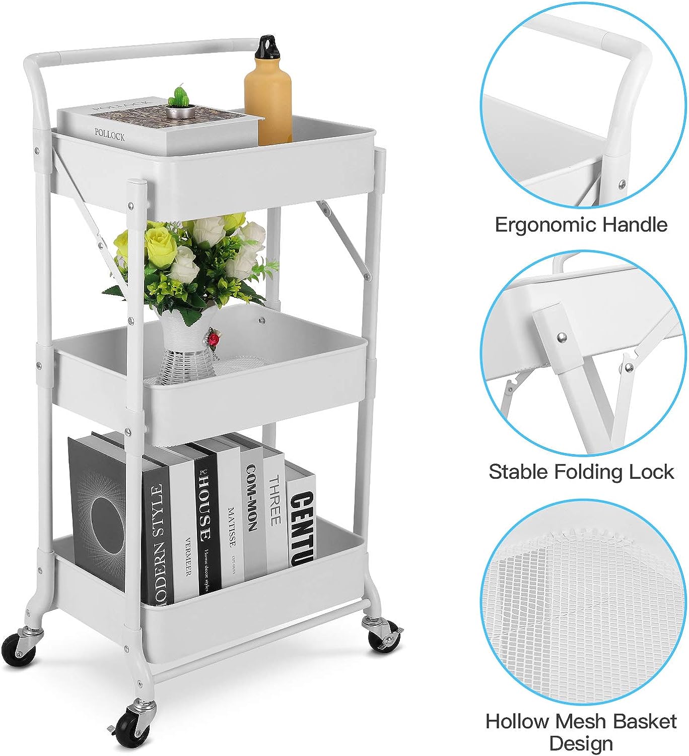 Foldable 3 Tier Metal Utility Rolling Cart, Folding Mobile Multi-Function Storage Trolley Organizer Cart (White)