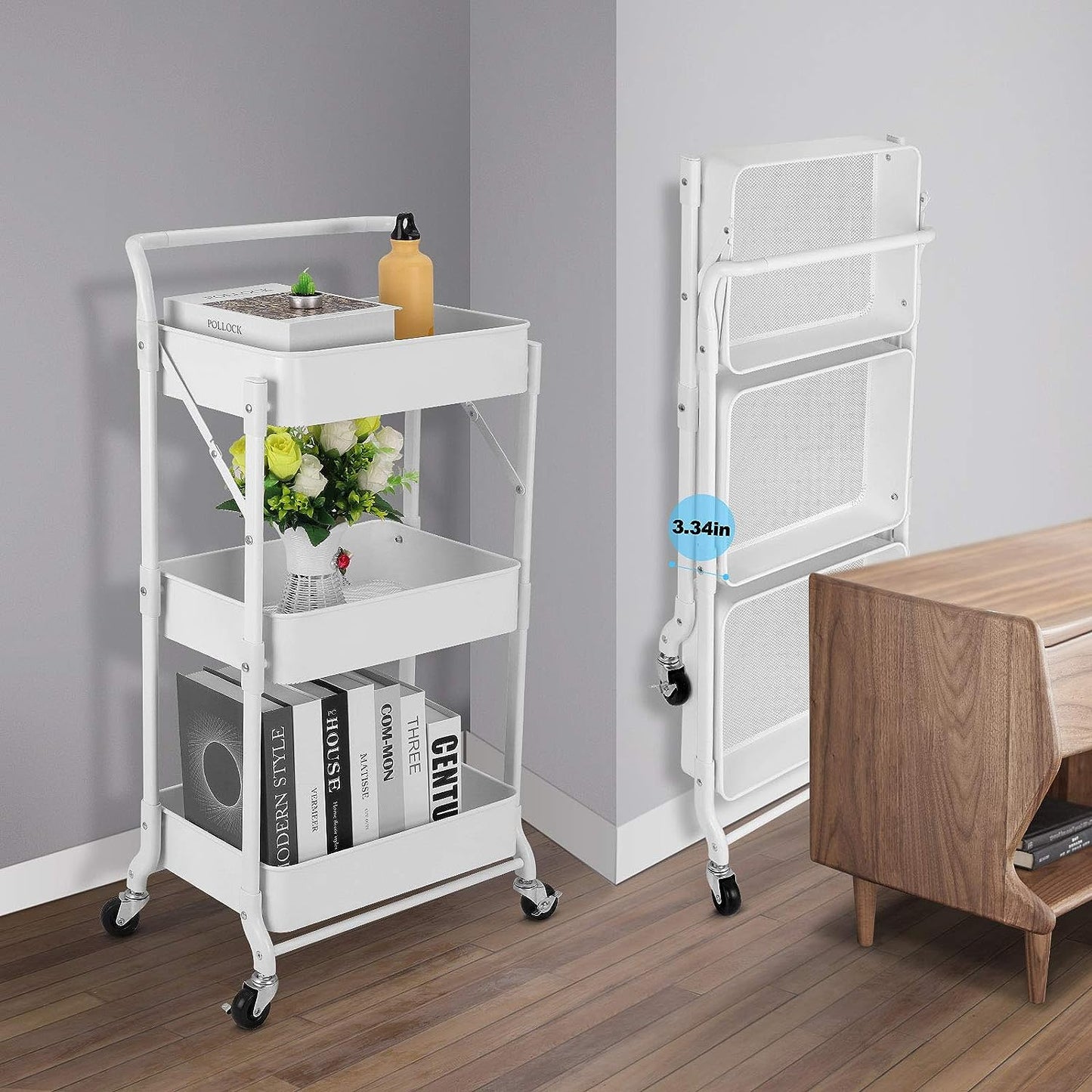 Foldable 3 Tier Metal Utility Rolling Cart, Folding Mobile Multi-Function Storage Trolley Organizer Cart (White)