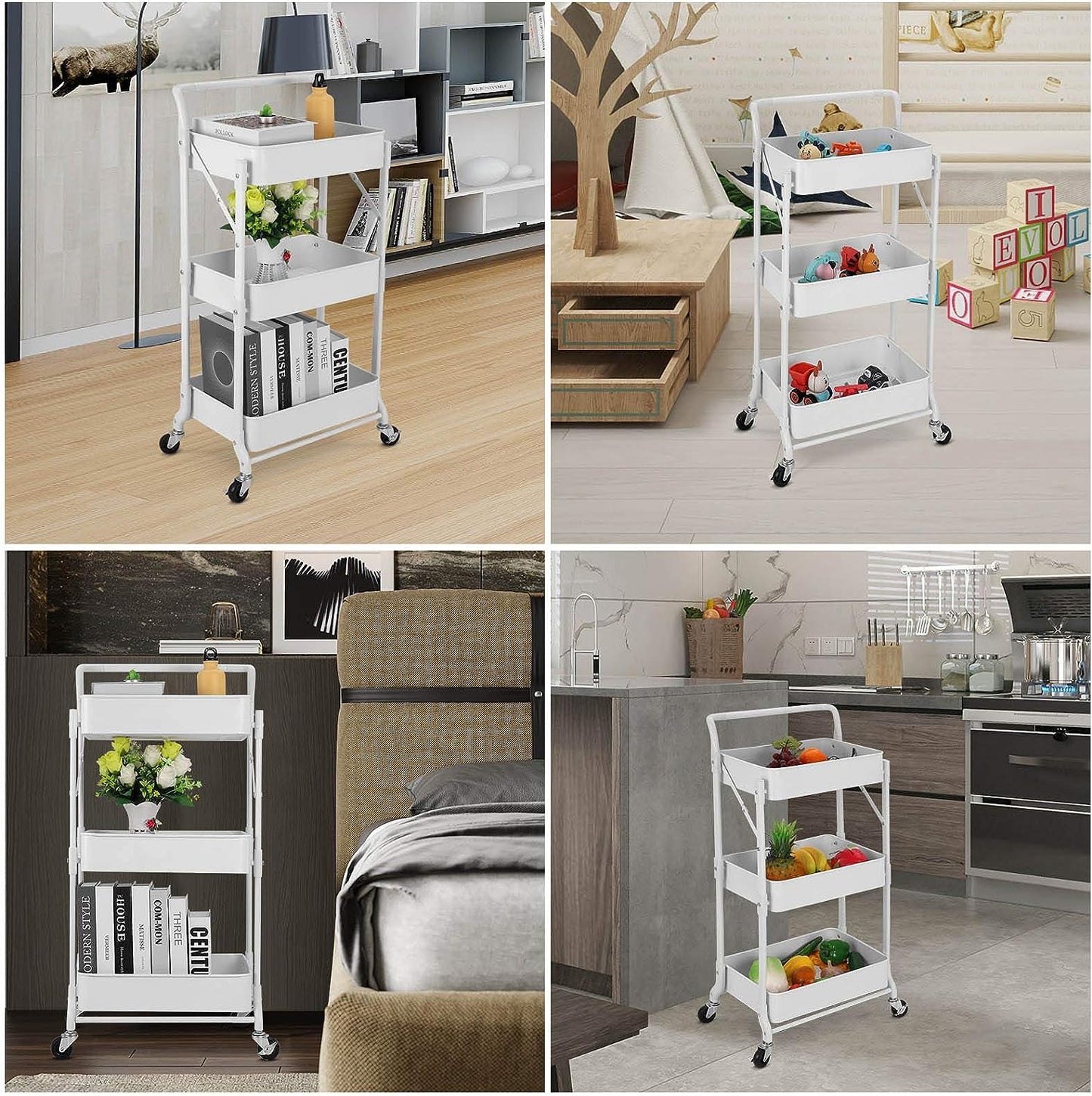 Foldable 3 Tier Metal Utility Rolling Cart, Folding Mobile Multi-Function Storage Trolley Organizer Cart (White)