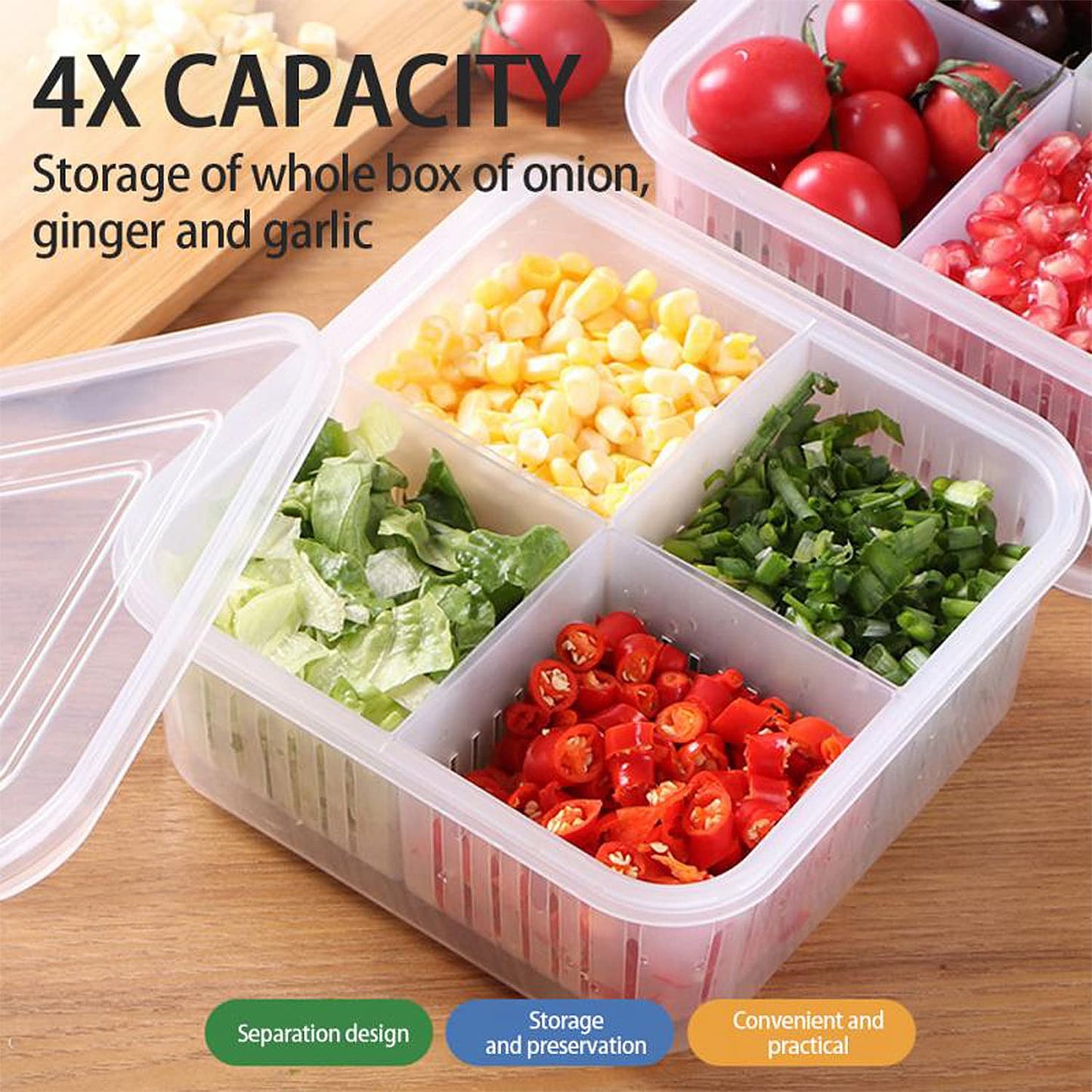 Fridge Food Storage Container With Lid, Airtight Refrigerator Food Box With 4Pcs Detachable Drain Baskets