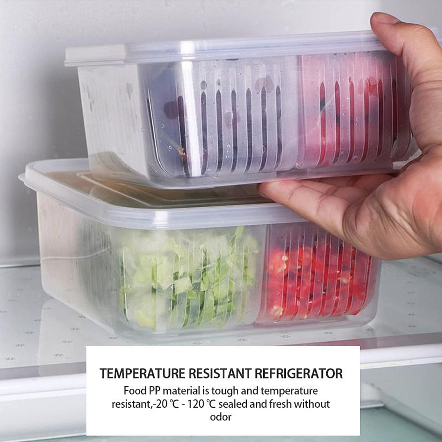 Fridge Food Storage Container With Lid, Airtight Refrigerator Food Box With 4Pcs Detachable Drain Baskets
