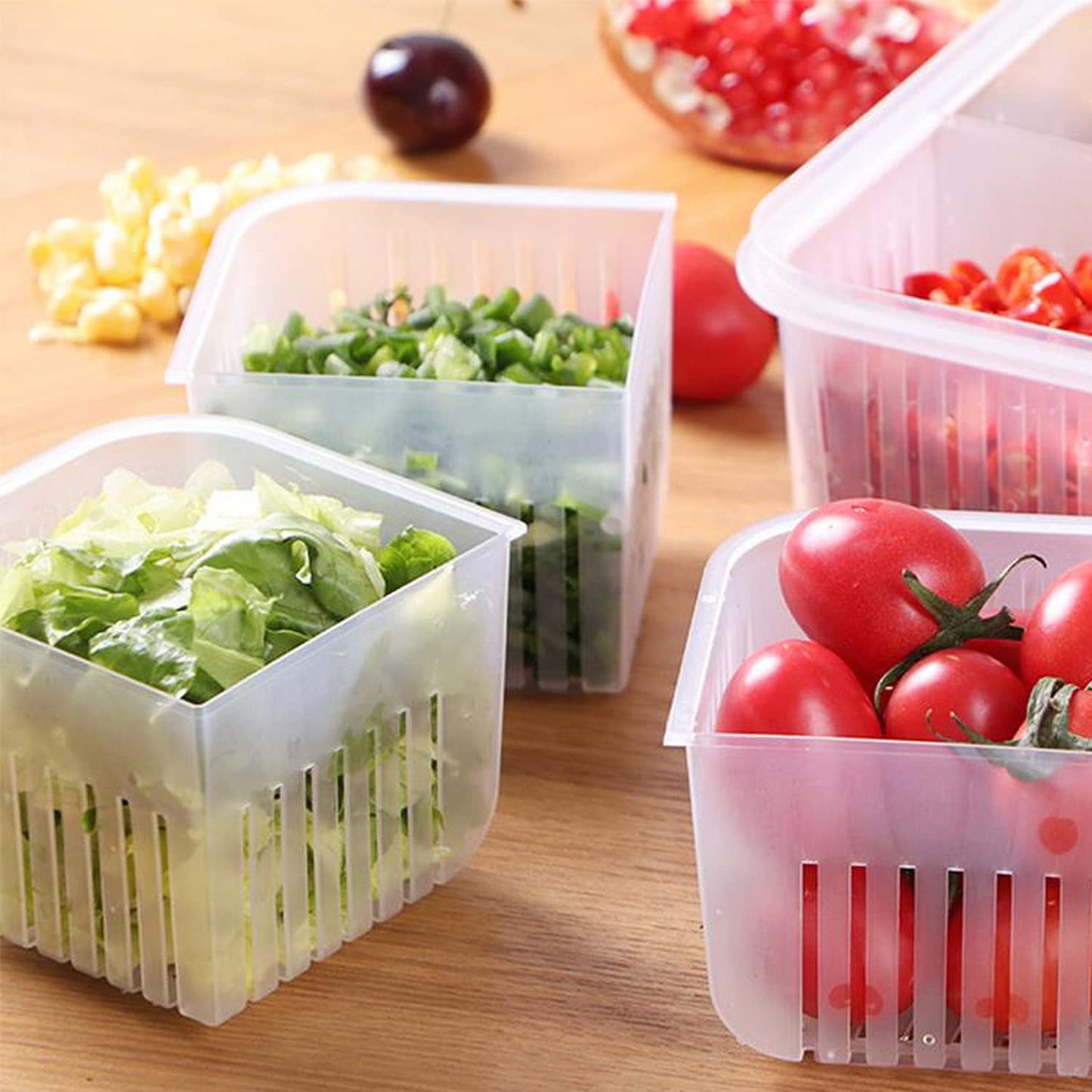 Fridge Food Storage Container With Lid, Airtight Refrigerator Food Box With 4Pcs Detachable Drain Baskets