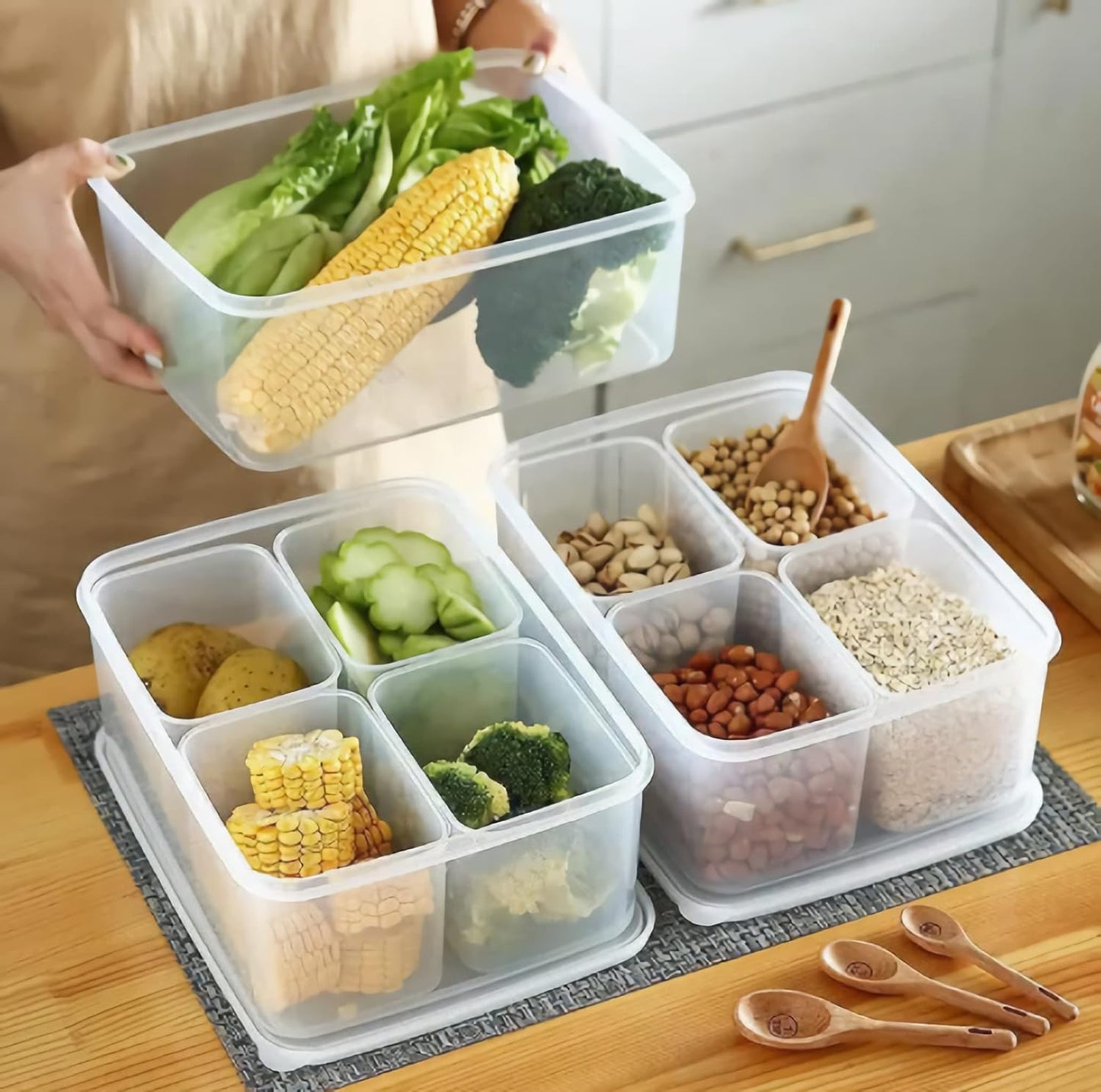 Fridge Food Storage Container With Lid, Airtight Refrigerator Food Box With 4Pcs Detachable Drain Baskets