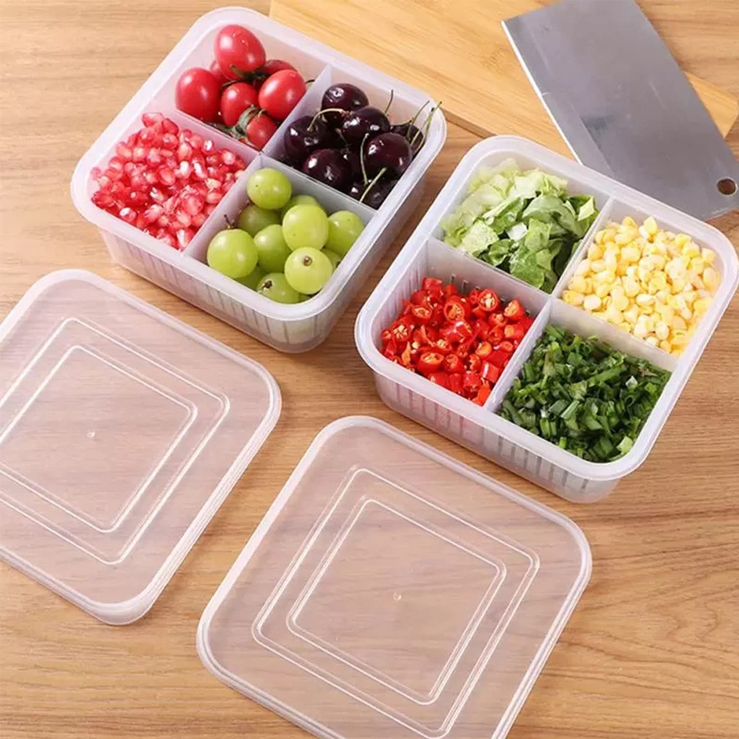 Fridge Food Storage Container With Lid, Airtight Refrigerator Food Box With 4Pcs Detachable Drain Baskets
