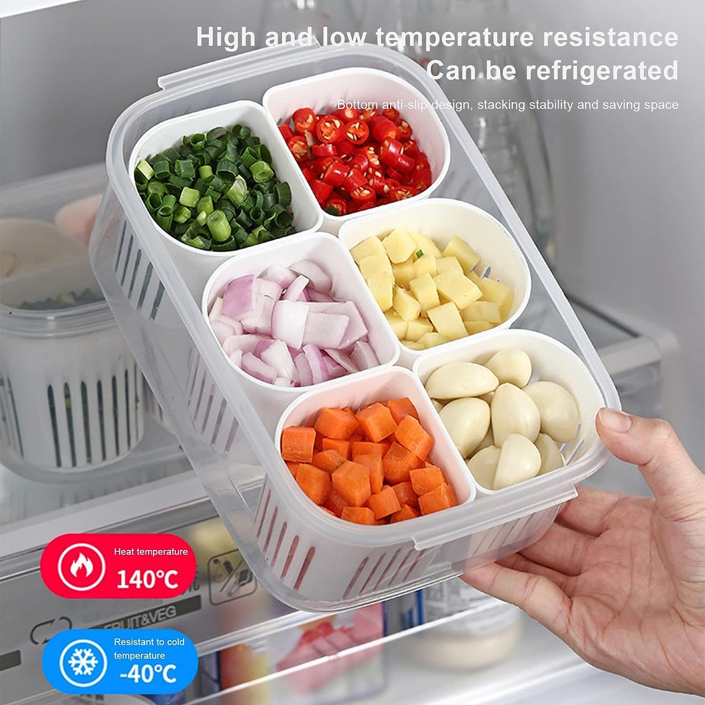 Fridge Food Storage Container With Lid, Airtight Refrigerator Food Box With 6 Pcs Detachable Drain Basket