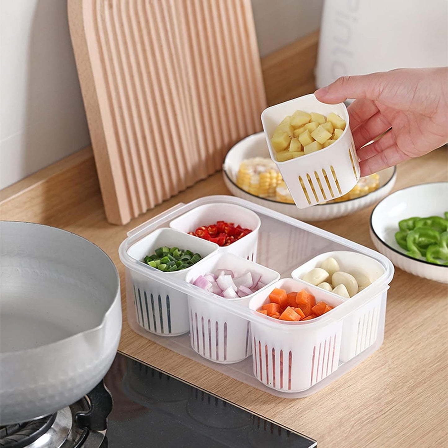 Fridge Food Storage Container With Lid, Airtight Refrigerator Food Box With 6 Pcs Detachable Drain Basket