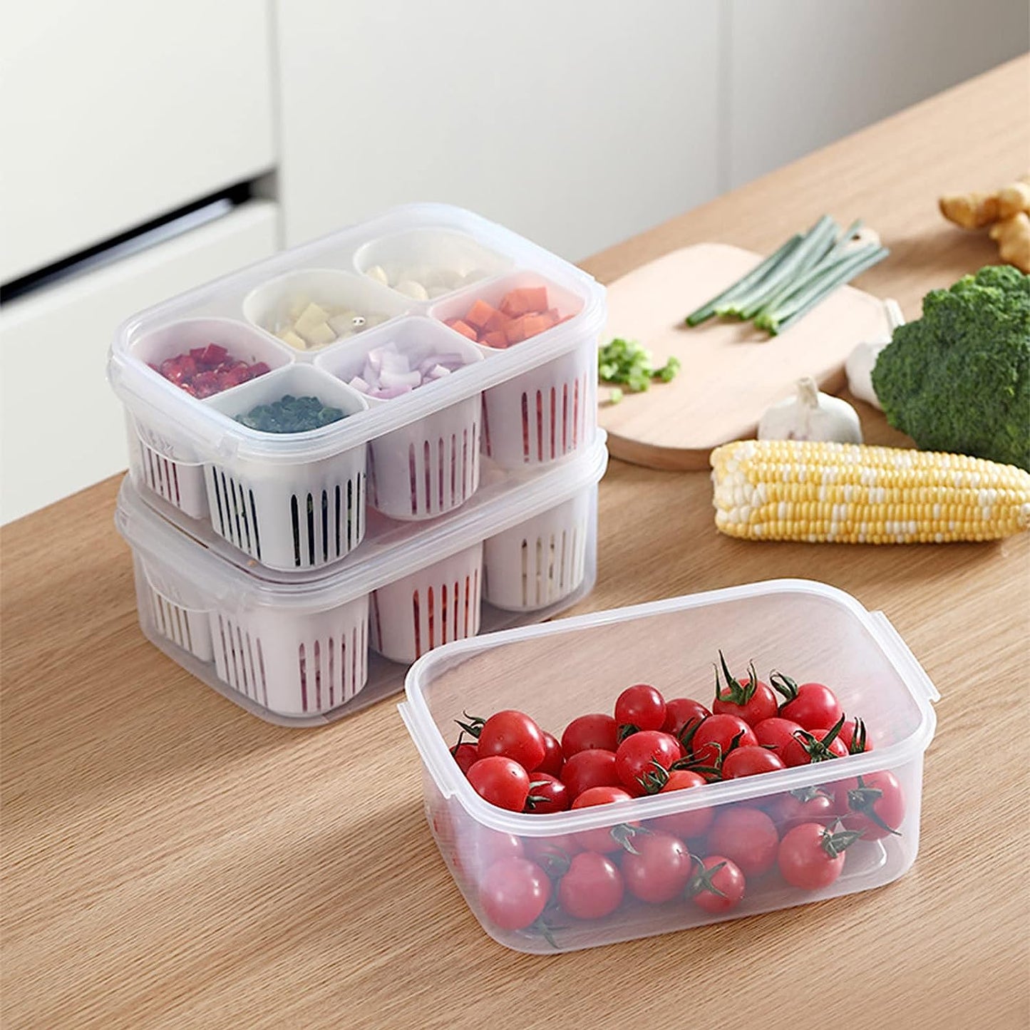Fridge Food Storage Container With Lid, Airtight Refrigerator Food Box With 6 Pcs Detachable Drain Basket