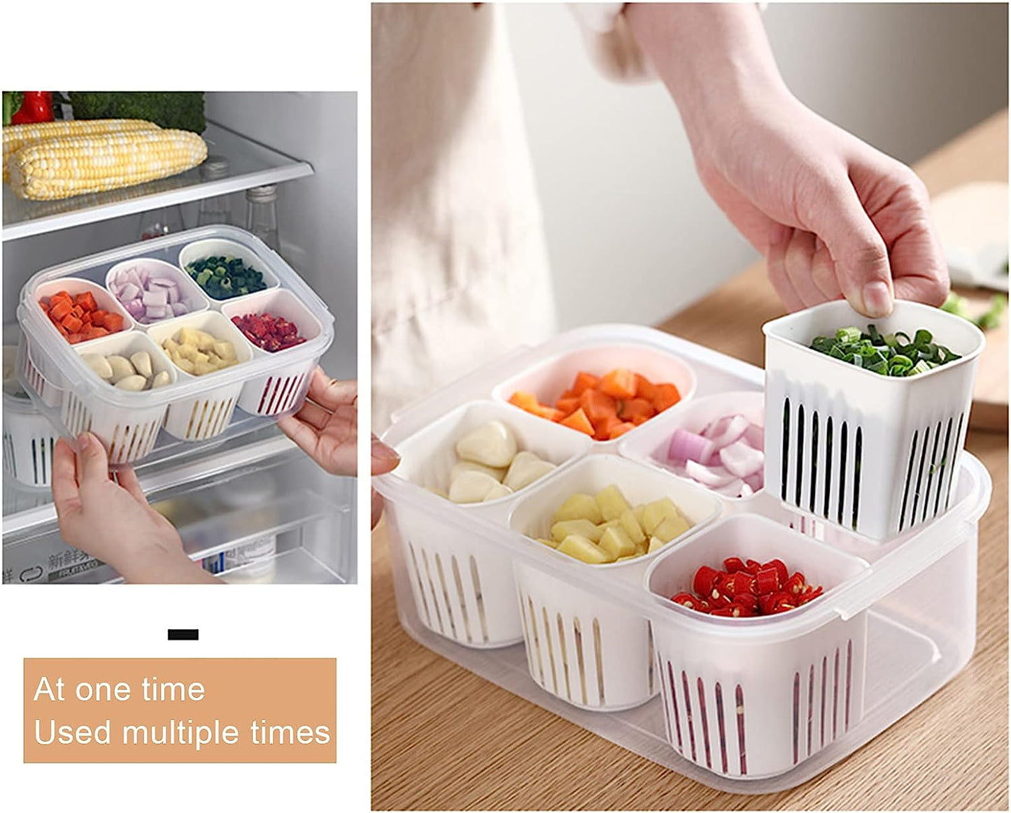 Fridge Food Storage Container With Lid, Airtight Refrigerator Food Box With 6 Pcs Detachable Drain Basket
