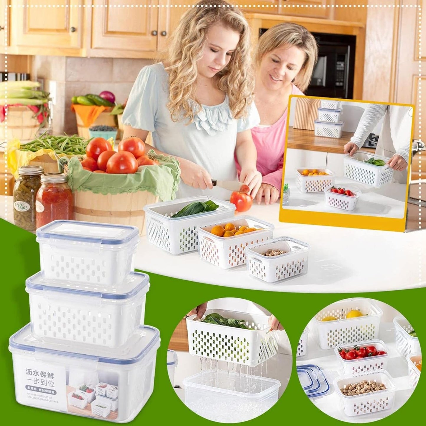 Fruit And Vegetable Storage Container For Refrigerator, 3 In 1 Organizer For Fruit Salad Meat Storage