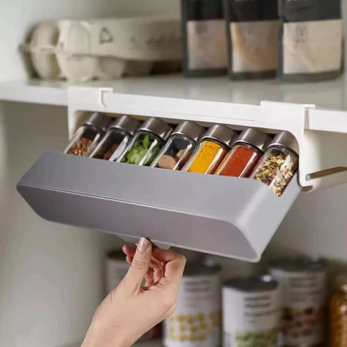 Kitchen Under-Shelf Drawer Spice Rack With 6 Seasoning Bottles, Under Shelf Spice Rack