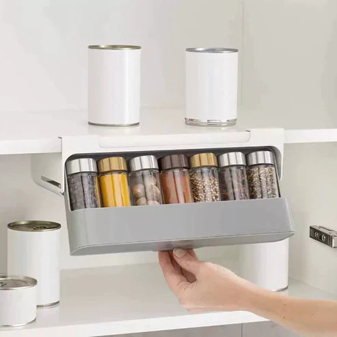 Kitchen Under-Shelf Drawer Spice Rack With 6 Seasoning Bottles, Under Shelf Spice Rack