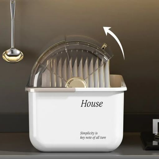 Kitchen Dish Rack with Cover, Countertop Drainer Organizer for Dishes and Utensils Holder with Water Tray