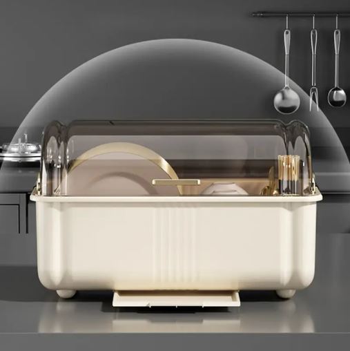 Kitchen Dish Rack with Cover, Countertop Drainer Organizer for Dishes and Utensils Holder with Water Tray
