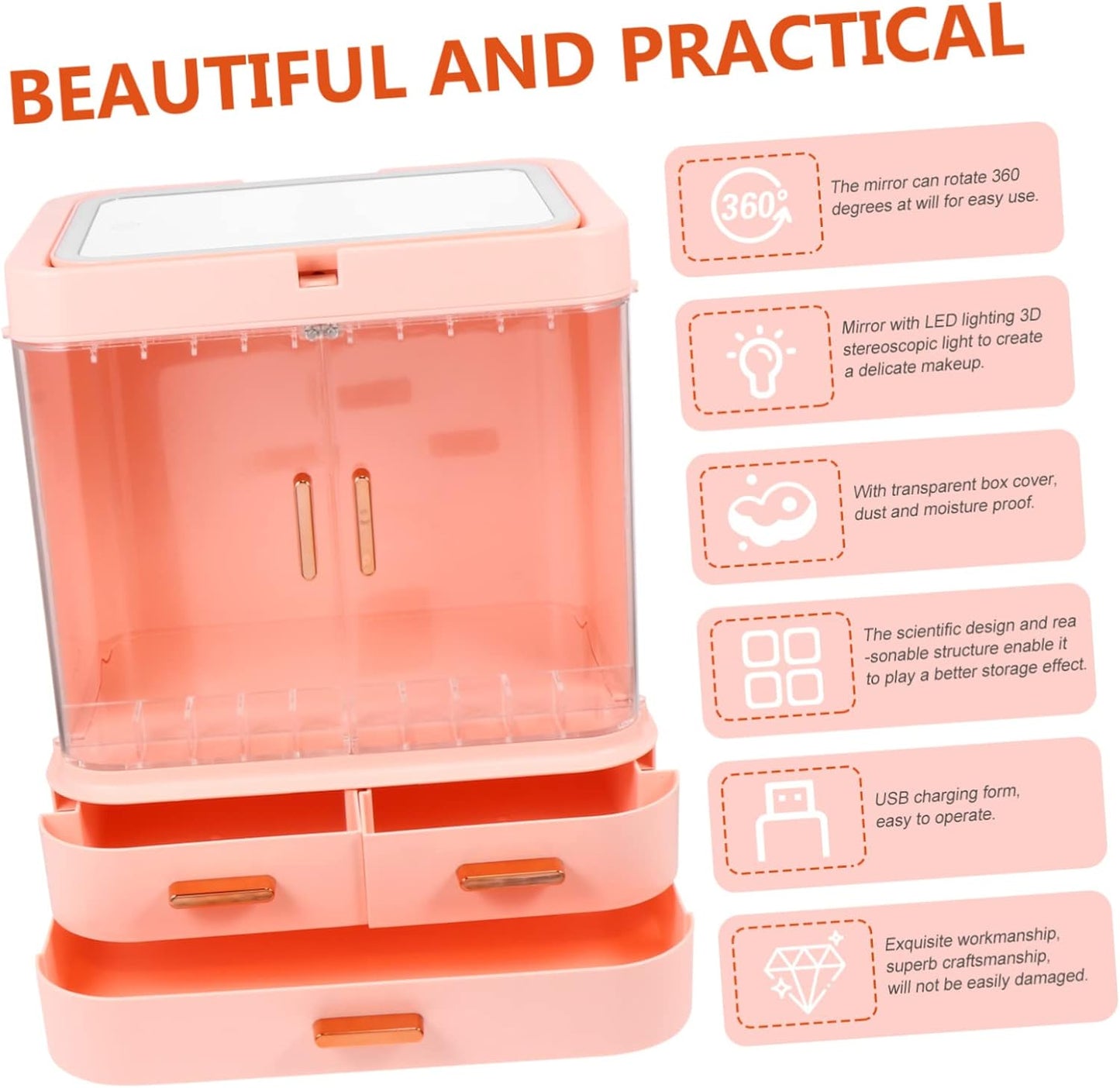 Makeup Jewelry Organizer Tray Box, LED Cosmetic Storage Box