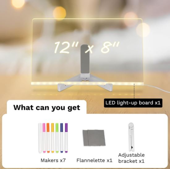 LED Drawing Board for Kids – 12''x8'' Light-Up Acrylic Dry Erase Board with 7 Neon Markers, Adjustable Stand & Cleaning Cloths, Glow