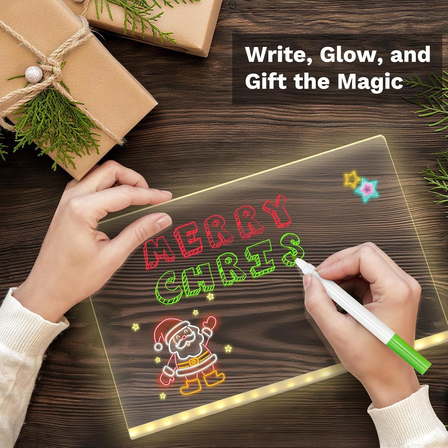 LED Drawing Board for Kids – 12''x8'' Light-Up Acrylic Dry Erase Board with 7 Neon Markers, Adjustable Stand & Cleaning Cloths, Glow