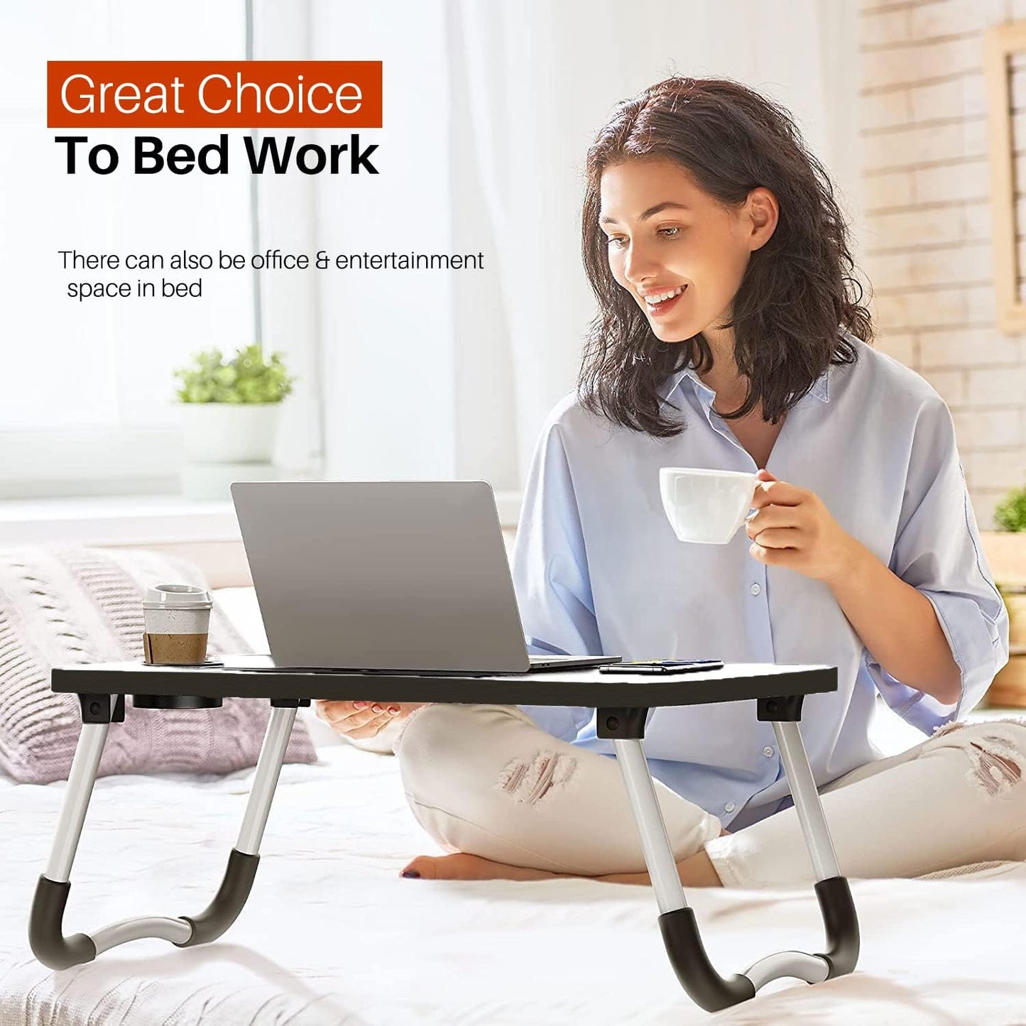 Laptop Bed Table With Foldable Metal Legs, Tablet & Cup Holder - Fits Upto 17" Portable Bed Desk For Laptop, Eating And Writing