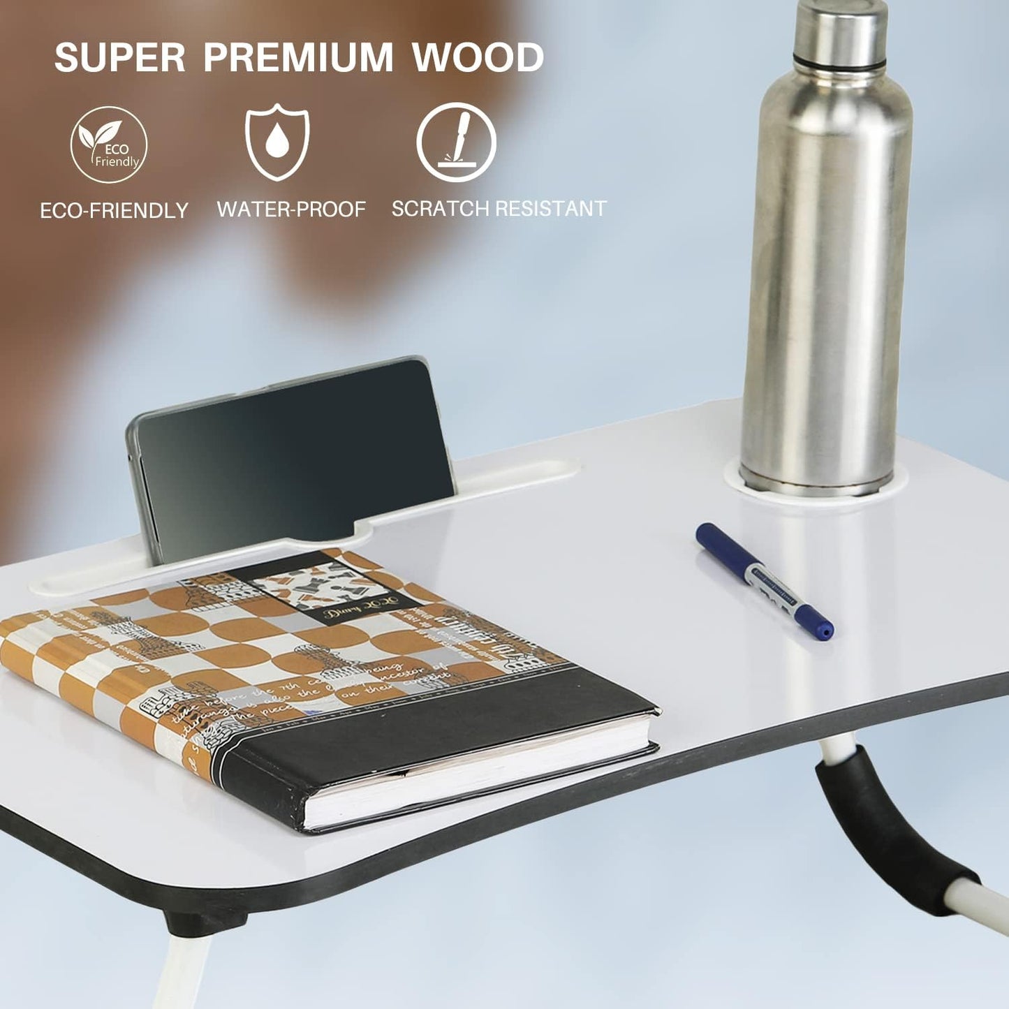 Laptop Bed Table With Foldable Metal Legs, Tablet & Cup Holder - Fits Upto 17" Portable Bed Desk For Laptop, Eating And Writing