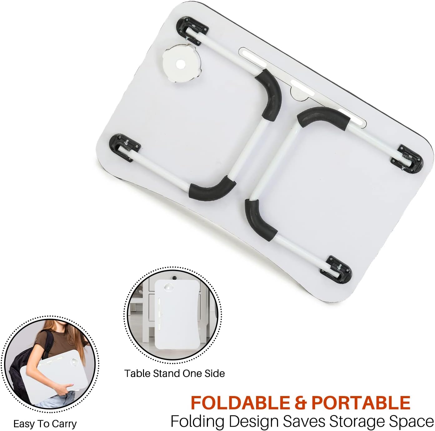 Laptop Bed Table With Foldable Metal Legs, Tablet & Cup Holder - Fits Upto 17" Portable Bed Desk For Laptop, Eating And Writing