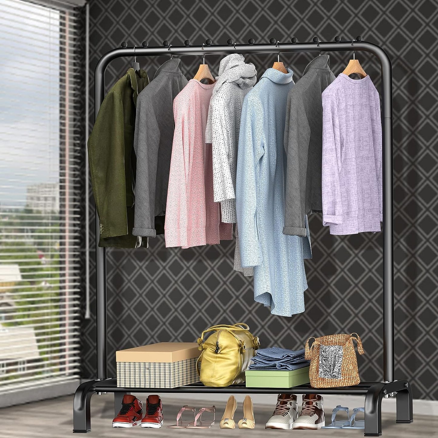Large Space Clothes Rail, Stable, Minimalist Design Freestanding Clothes Rack For Bedroom, Black