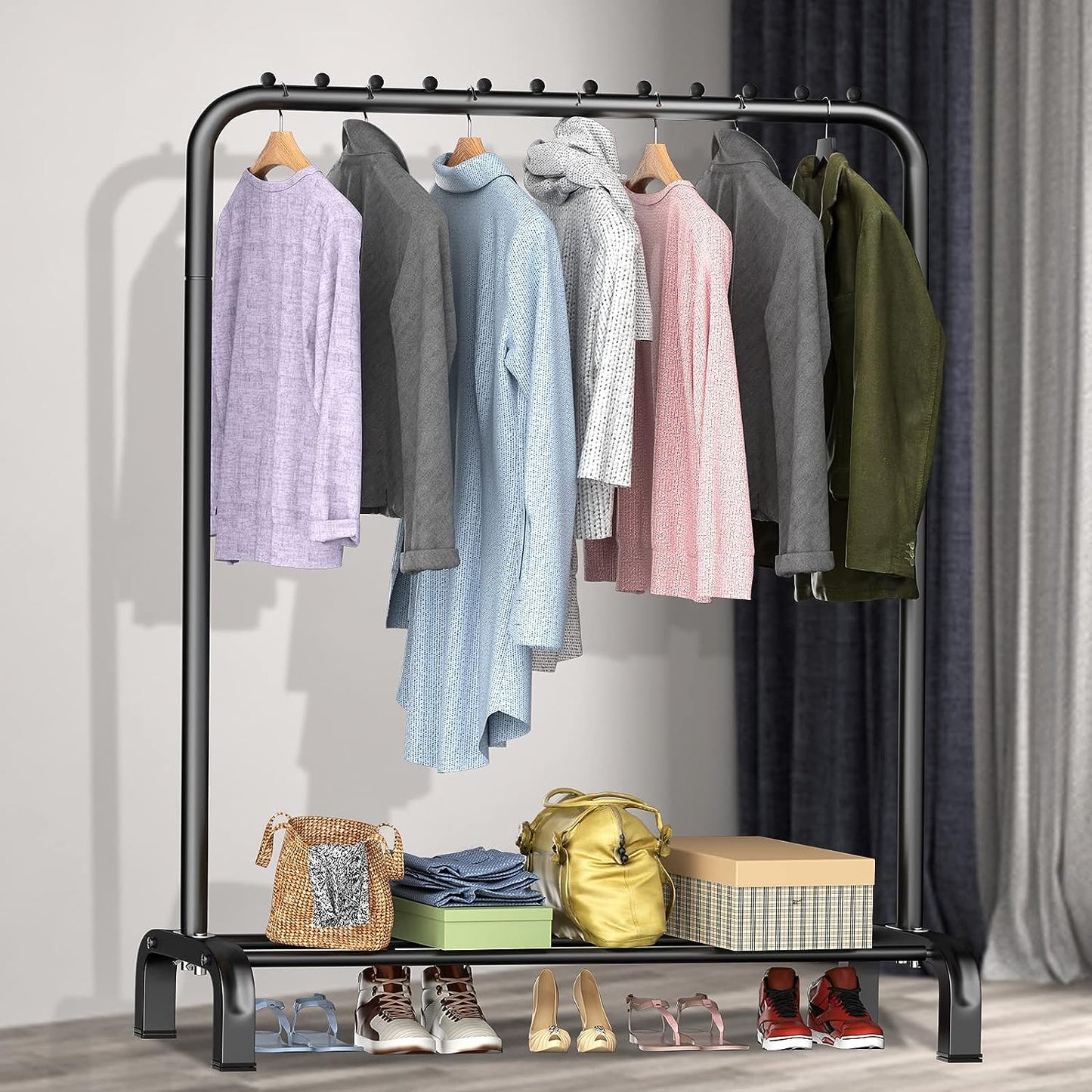 Large Space Clothes Rail, Stable, Minimalist Design Freestanding Clothes Rack For Bedroom, Black