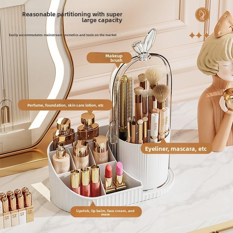 Makeup Organizer with 360 Degree Rotating Brush Holder, Dustproof Cosmetic Storage Box for Lipstick, Perfume & Skincare