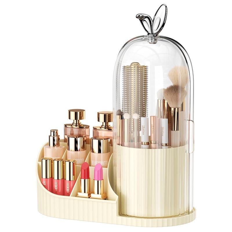 Makeup Organizer with 360 Degree Rotating Brush Holder, Dustproof Cosmetic Storage Box for Lipstick, Perfume & Skincare