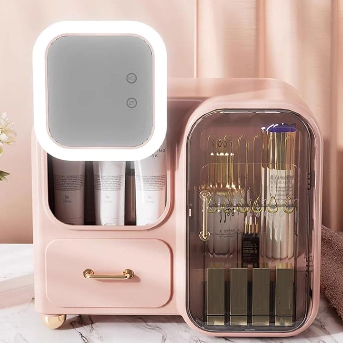 Makeup Organizer Storage Box With Mirror, Skincare Cosmetic Organizer Large