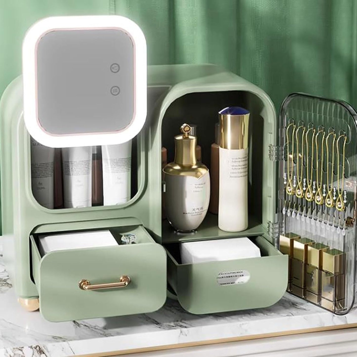 Makeup Organizer Storage Box With Mirror, Skincare Cosmetic Organizer Large