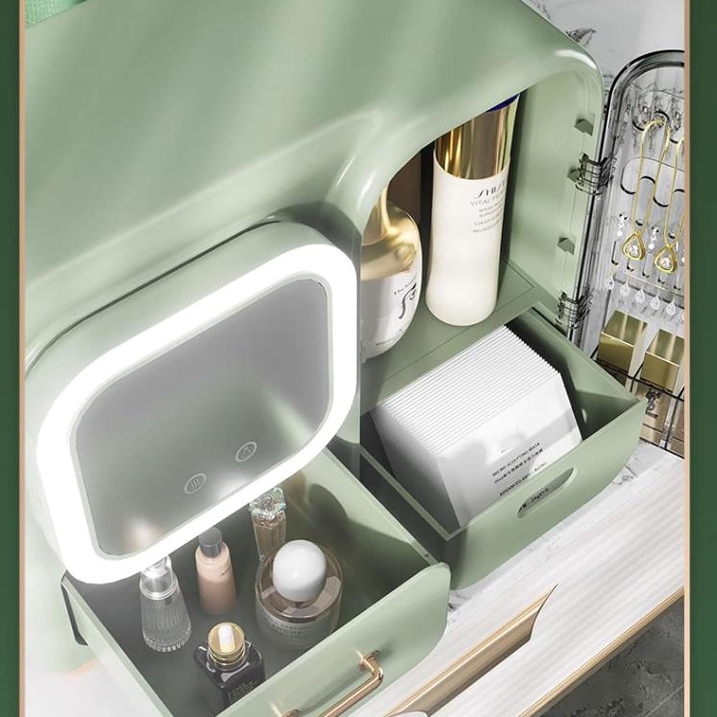 Makeup Organizer Storage Box With Mirror, Skincare Cosmetic Organizer Large