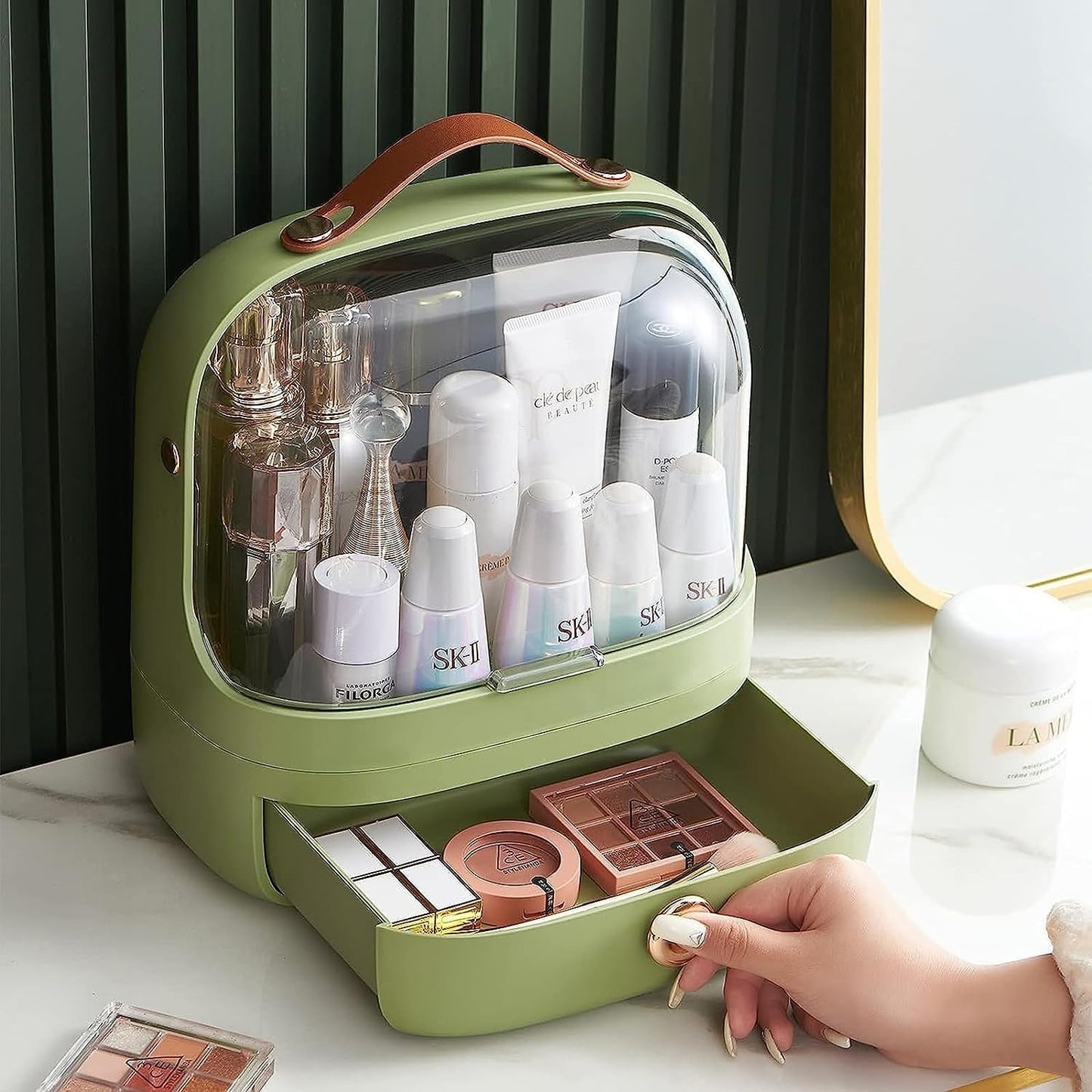 Waterproof And Dustproof Makeup Organizer & Storage, Cosmetics Display Cabinet With Lid And Drawer