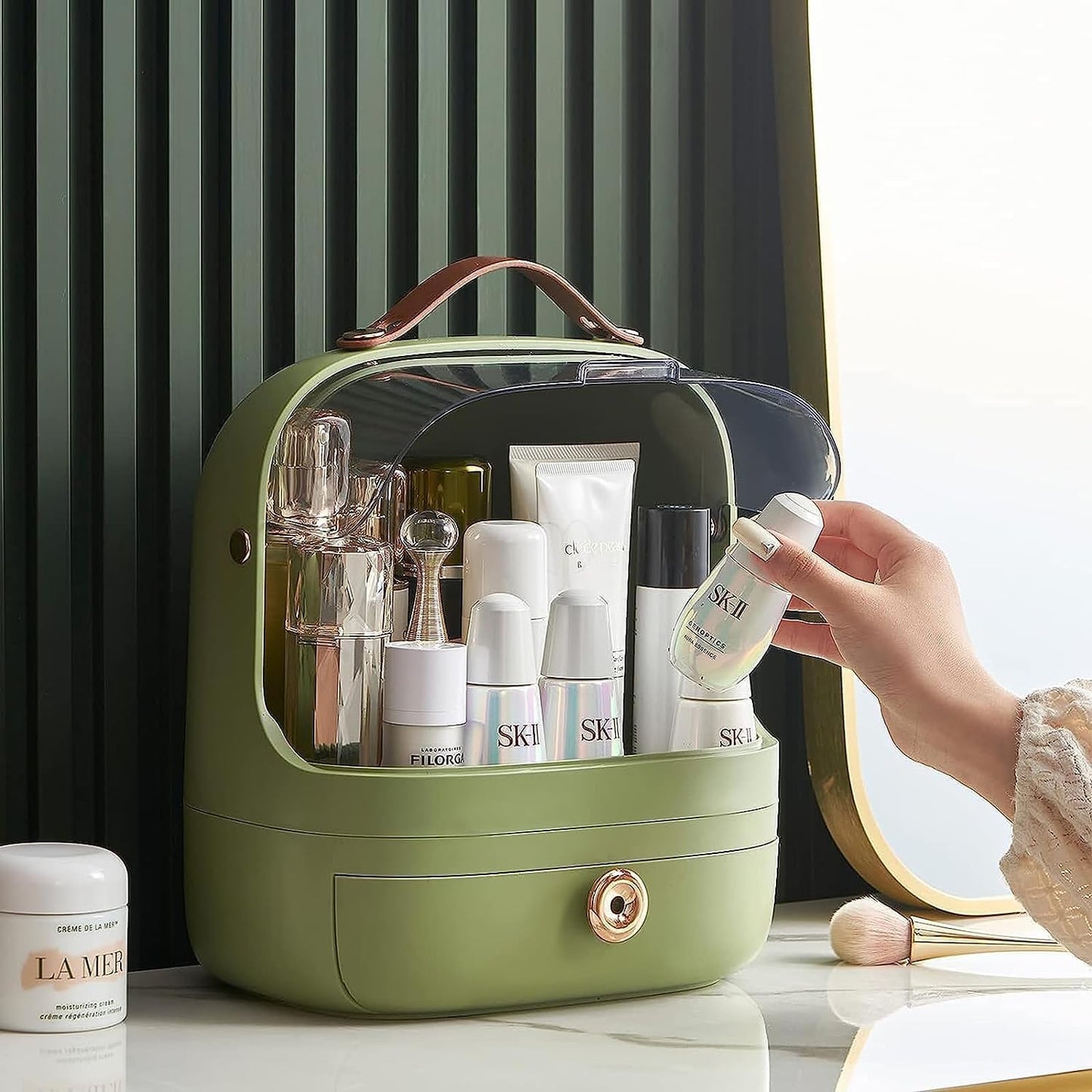 Waterproof And Dustproof Makeup Organizer & Storage, Cosmetics Display Cabinet With Lid And Drawer