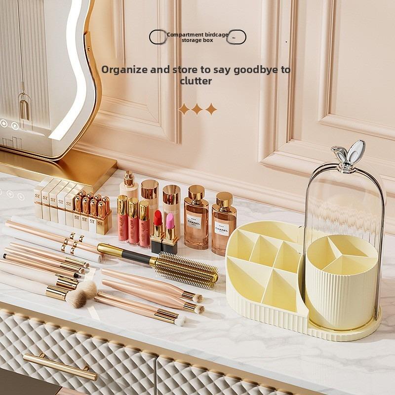 Makeup Organizer with 360 Degree Rotating Brush Holder, Dustproof Cosmetic Storage Box for Lipstick, Perfume & Skincare