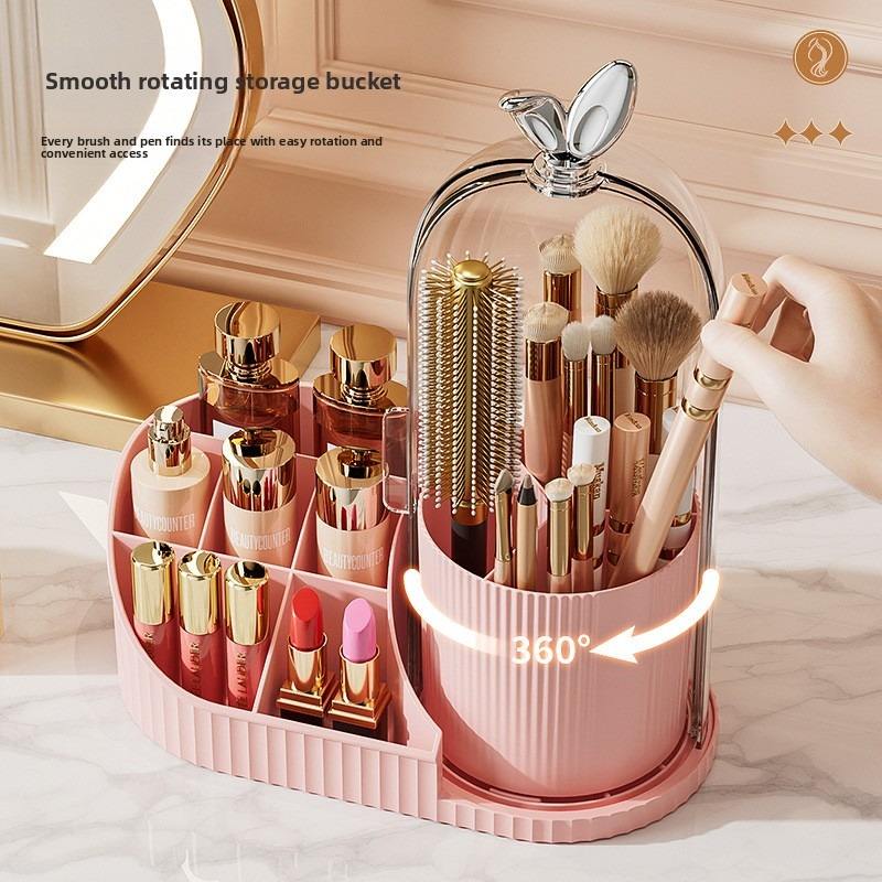 Makeup Organizer with 360 Degree Rotating Brush Holder, Dustproof Cosmetic Storage Box for Lipstick, Perfume & Skincare