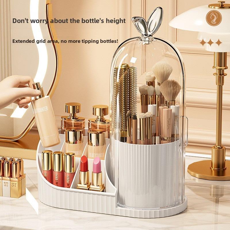 Makeup Organizer with 360 Degree Rotating Brush Holder, Dustproof Cosmetic Storage Box for Lipstick, Perfume & Skincare