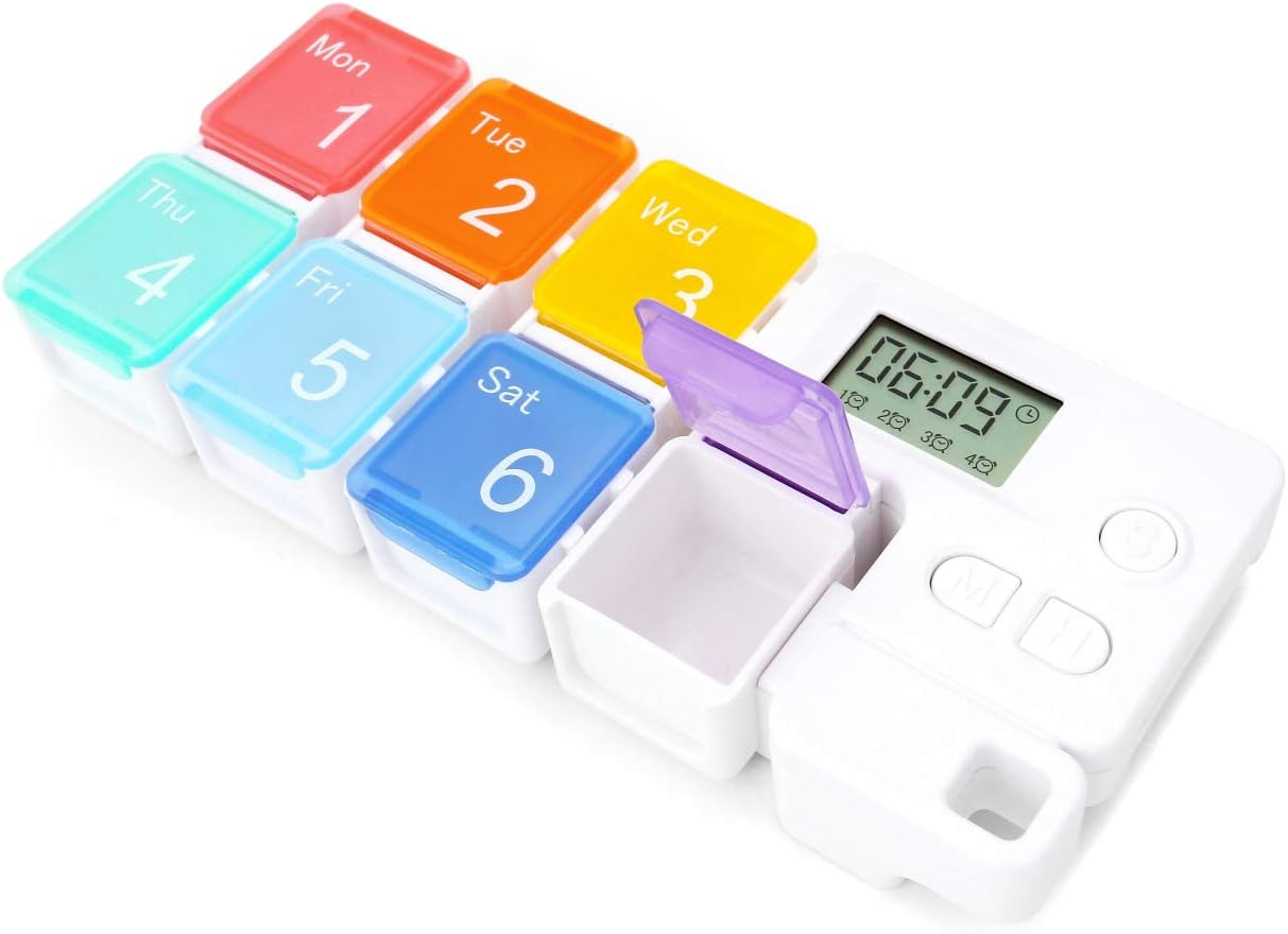 7 Day Pill Dispenser Organizer with Reminder Alarm, BPA Free Portable Travel Vitamins Medicine Pill Box Case