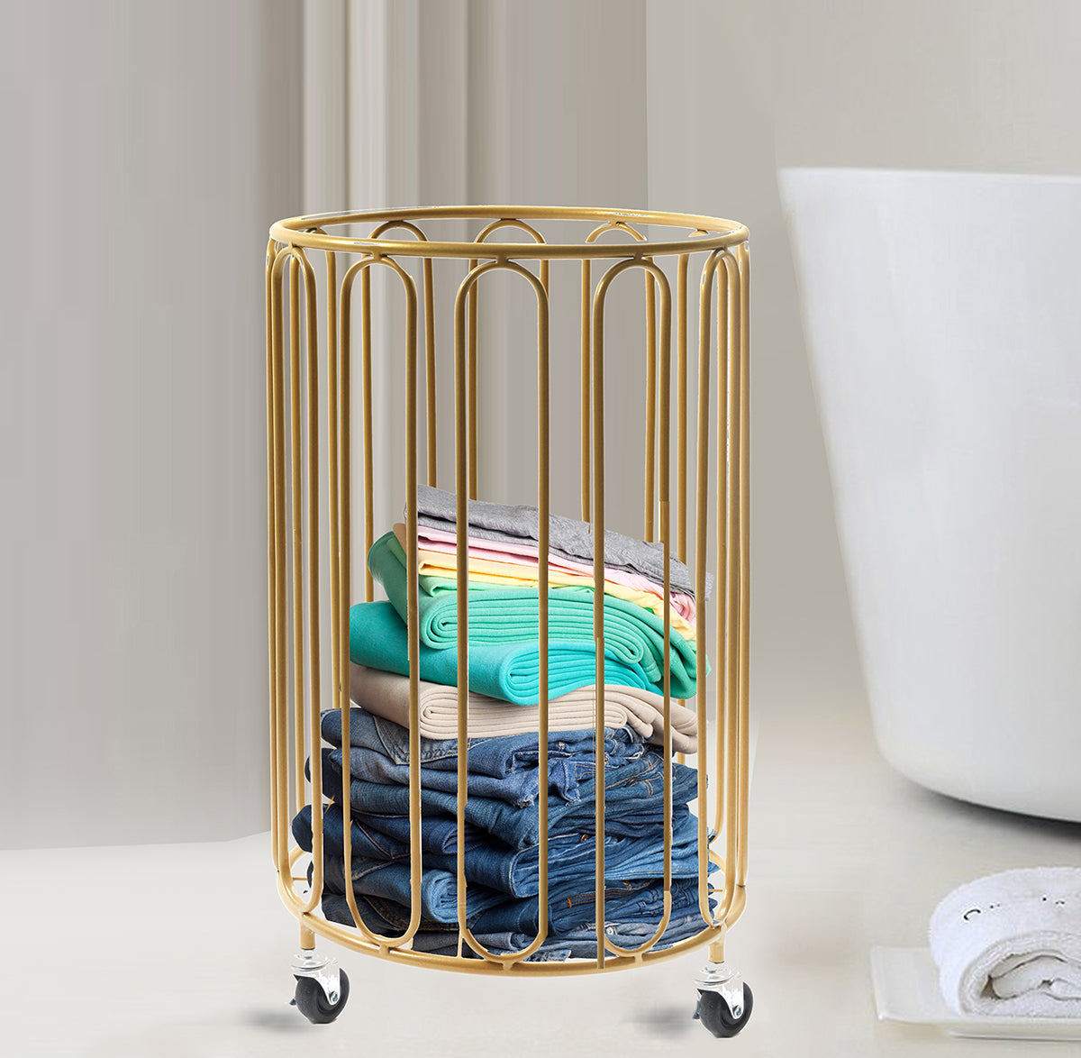 54cm Modern Round Metal Laundry Basket With Wheels, Gold