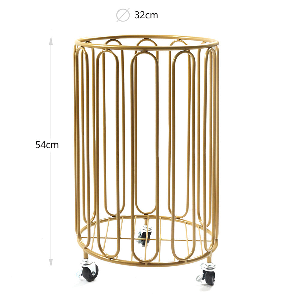 54cm Modern Round Metal Laundry Basket With Wheels, Gold