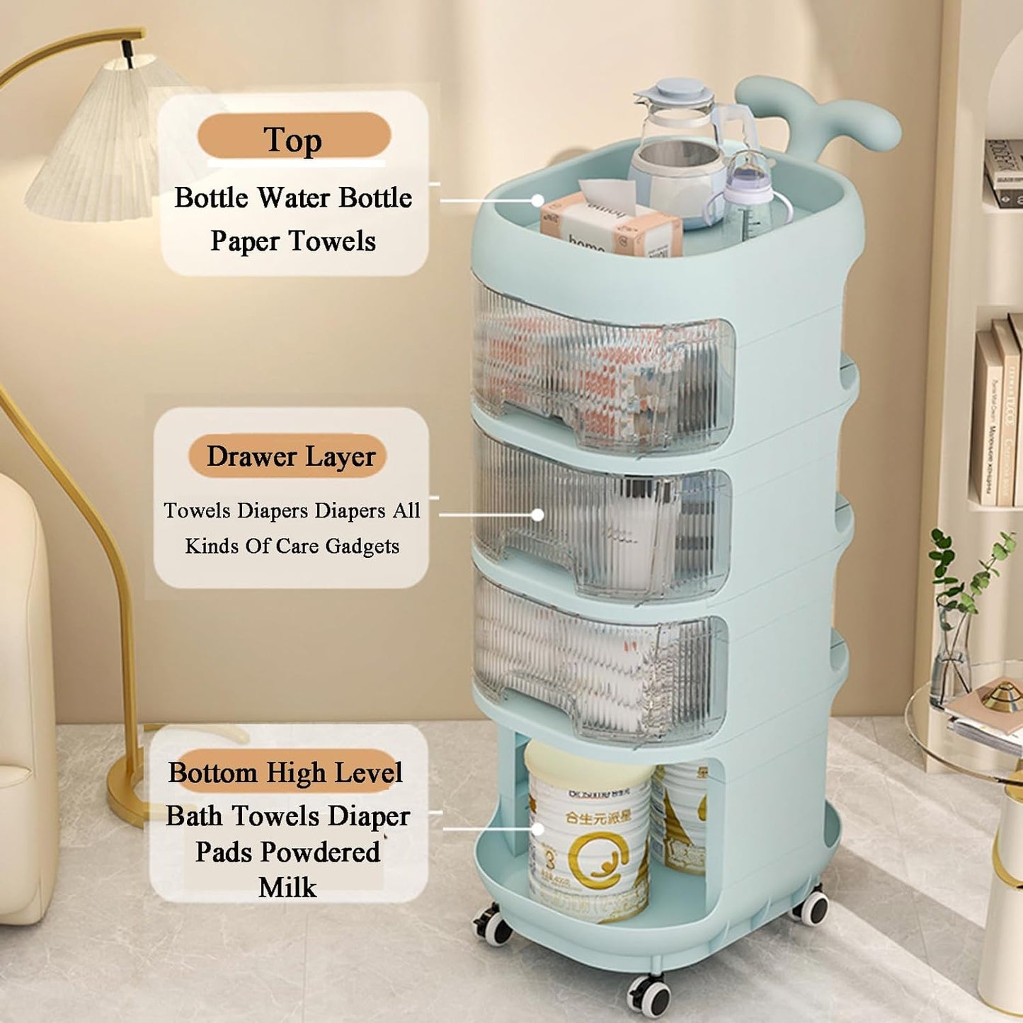 3-4 Layer Whale Cart Multi-Layer Bedside Mobile Snack Storage Rack, Waterproof Freestanding Storage Cabinet