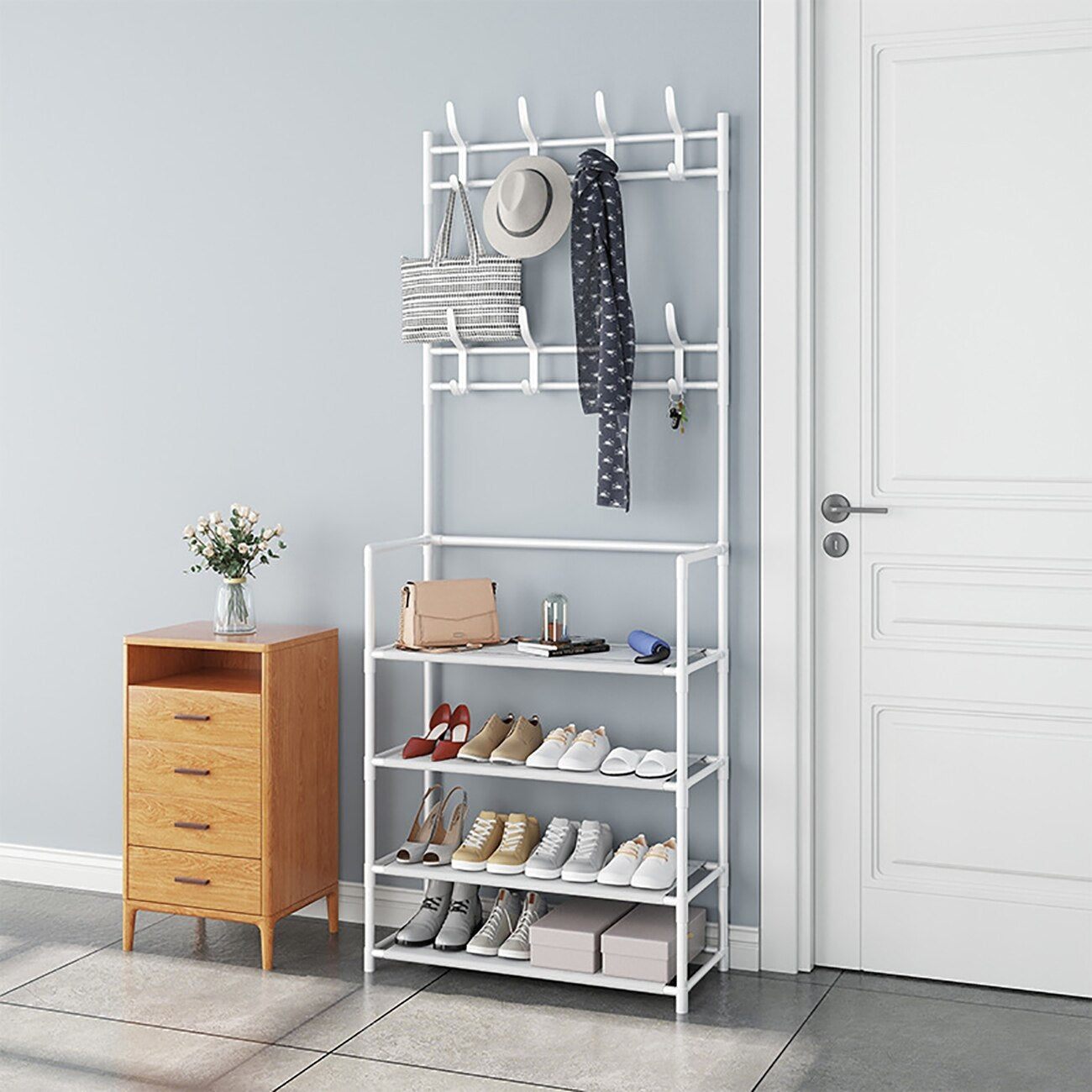 Multi-Function 4 Tiers Shoes Rack With Hanger, Living Room Clothes Storage Rack