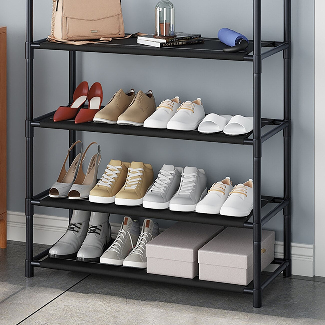 Multi-Function 4 Tiers Shoes Rack With Hanger, Living Room Clothes Storage Rack