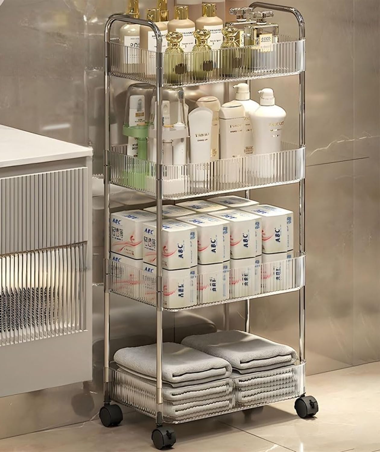 Multifunction Storage Rolling Utility Cart, Slim Sliding Organizer Rack For Bathroom Kitchen Living Room (3Tier)